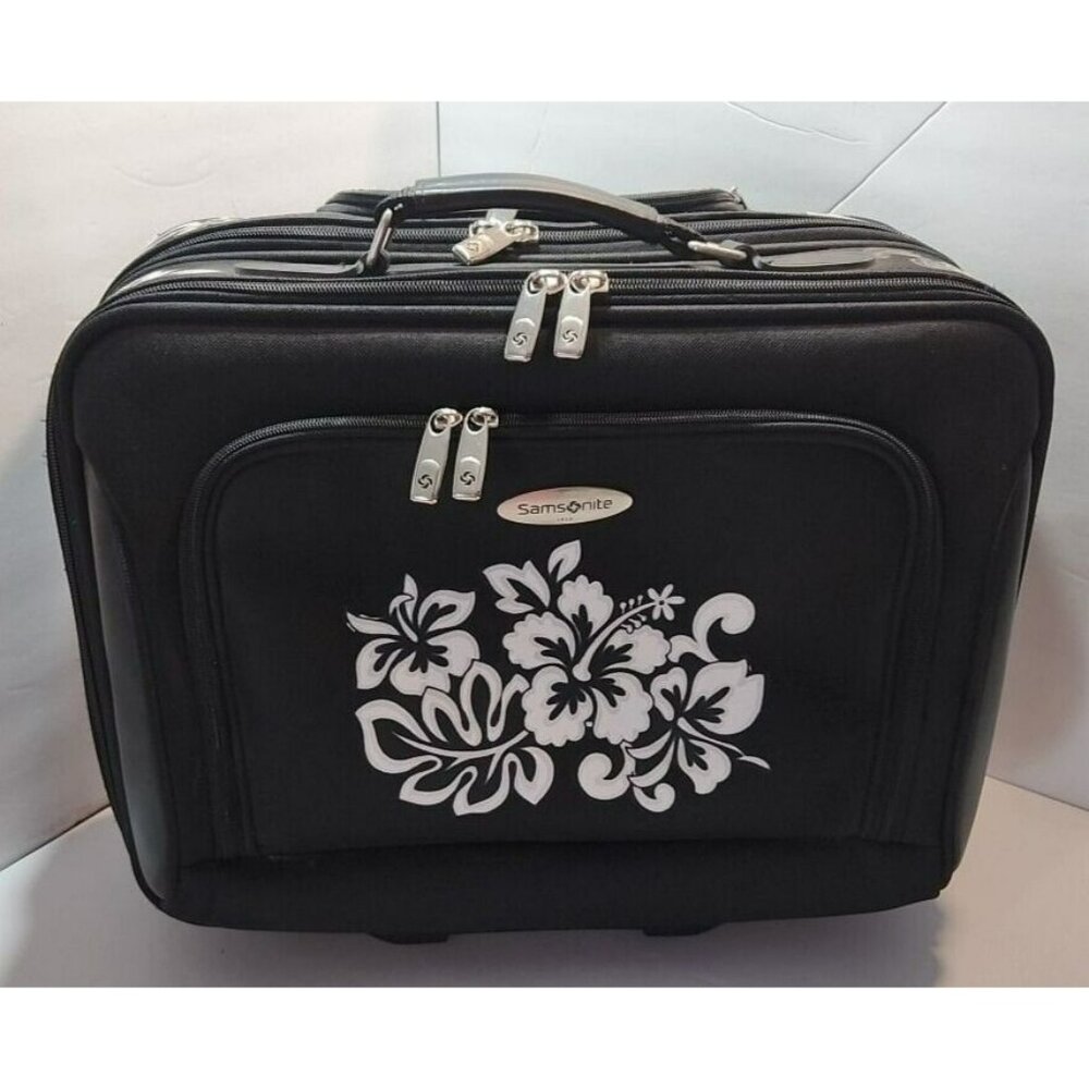 Samsonite Carry On Black Luggage With White Florals Wheels & Handles  17"x14"x8"
